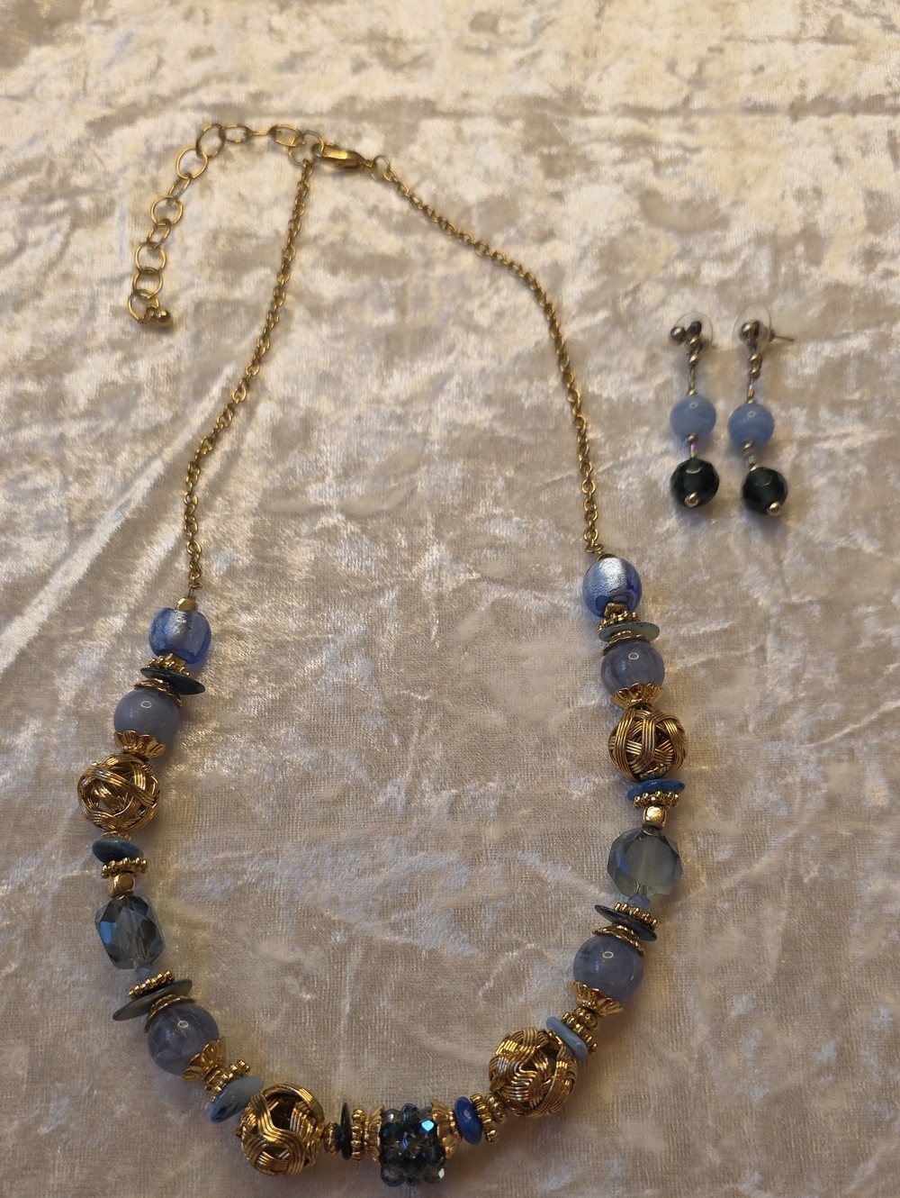 Gold-tone Blue Bead Statement Boho-chic Necklace & Earrings